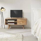 ONIJA Solid Wood Tv Unit for LED/LCD | Premium Designer TV Stand for Living Room| Tv Cabinet with 1 Drawer and 2 Shelves for Bedroom Natural Finish |